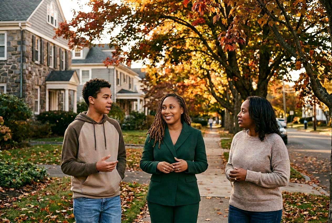 Audriana Vassel walking with a teenage client and their parent in a Connecticut neighborhood